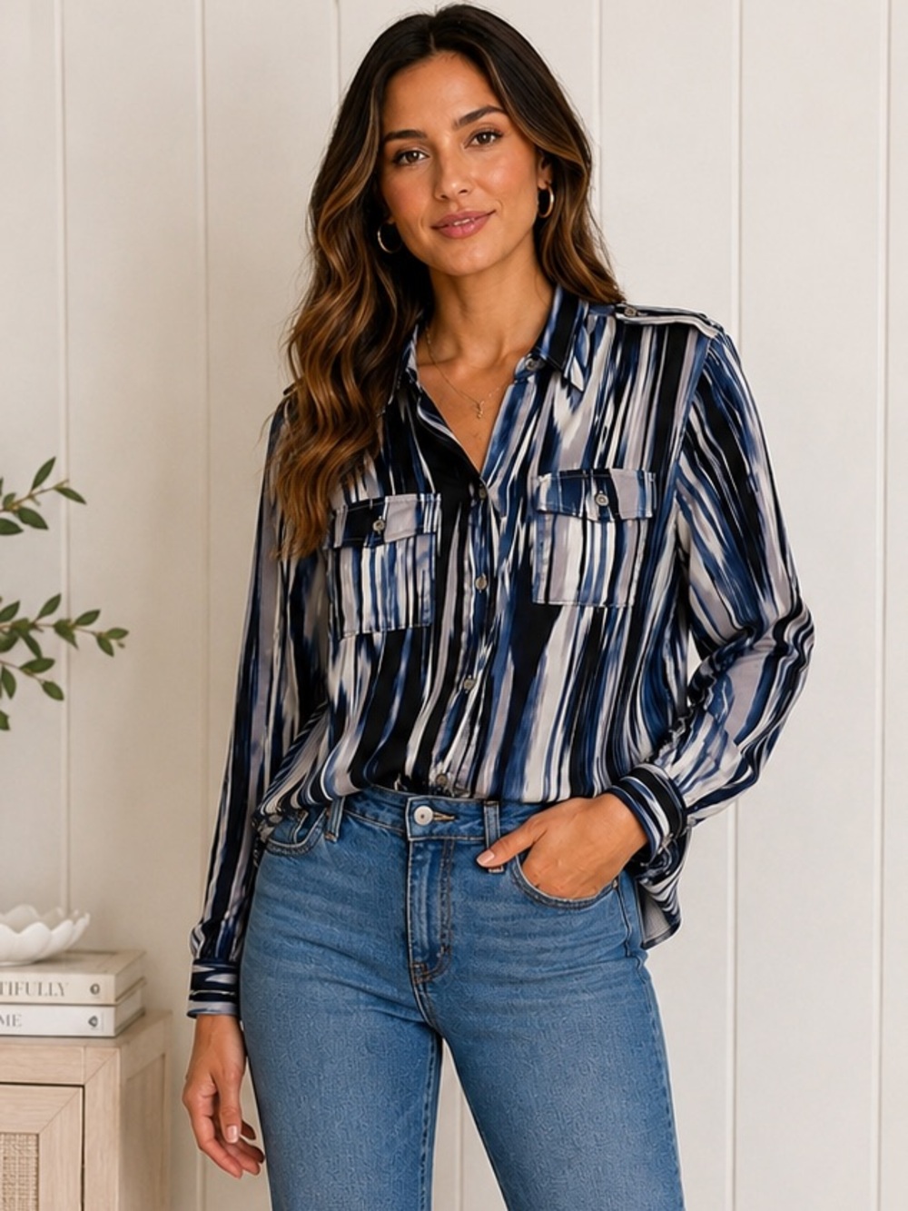 Satiny Abstract Blouse Button Down Quiet Luxury Minimalist Office Career Medium